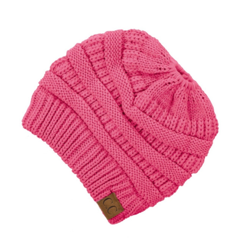 C.C. Messy Bun/Ponytail Beanie New Candy Pink